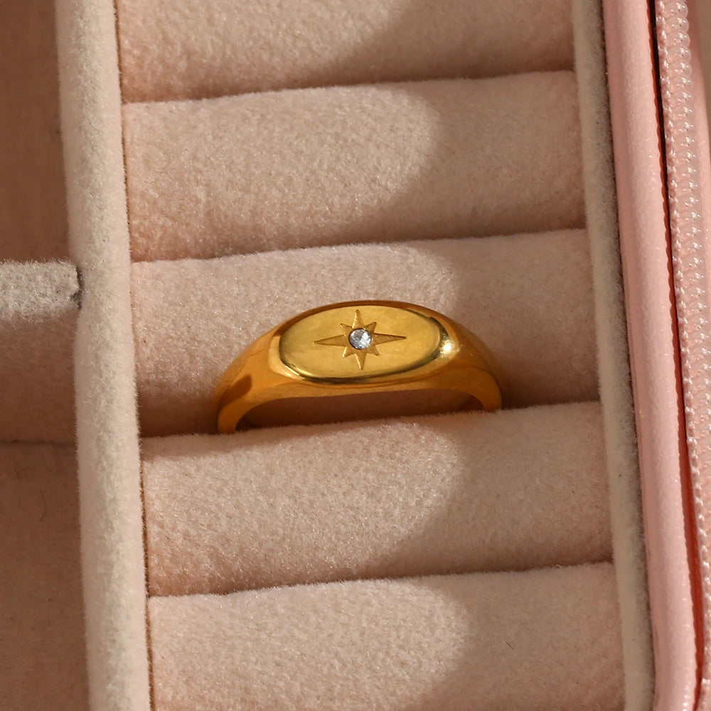 E.B. Belle-impermeável em aço inoxidável Oval Face Ring para senhora, zircão pavimentado Star Ring, resistente à água, anéis banhados a ouro 18k, 3A, novo