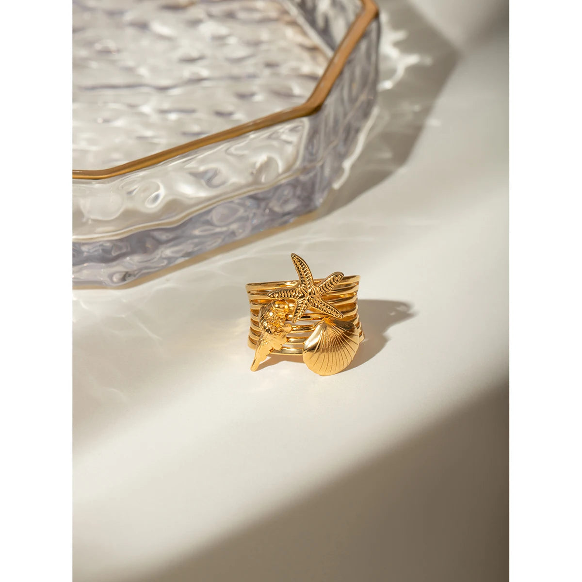 Anel aberto Starfish banhado a ouro 18k para mulheres, joia impermeável, aço inoxidável, elegante, único, simples, estrela do mar, concha