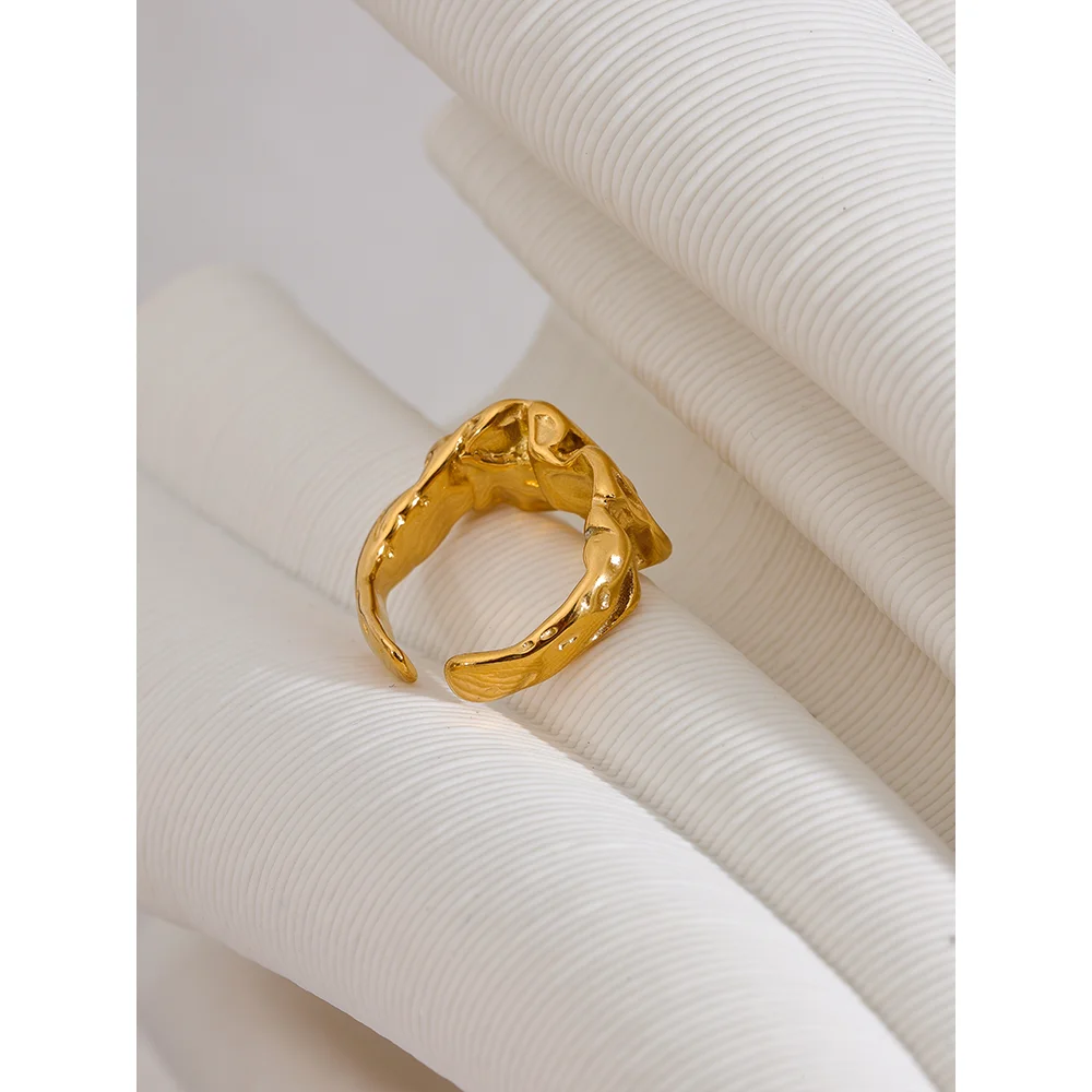Yhpup-Anel de Metal Largo em Aço Inoxidável para Mulheres, Textura Criativa, Temperamento Impermeável Jóias, Cor Dourada, Acessórios, Novo