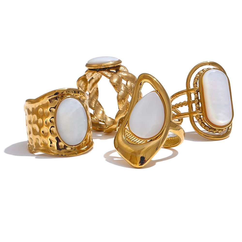 Yhpup-Shell Natural Geométrica Anel Aberto, 18K PVD Plated, Aço Inoxidável, Dedo Ajustável Acessórios de Jóias, Moda Popular