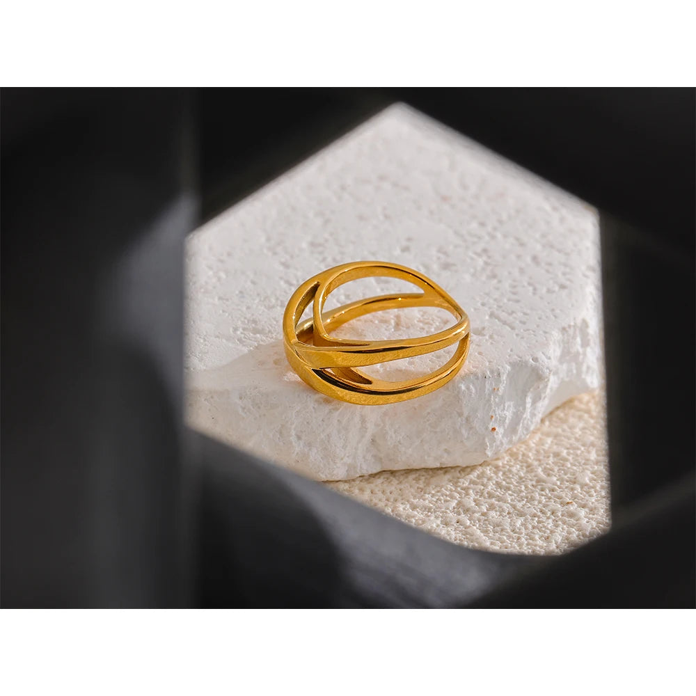 Anel Geométrico em Aço Inoxidável Yhpup, Banhado a Ouro 18K PVD, Minimalista Jóias Incomuns, Novo