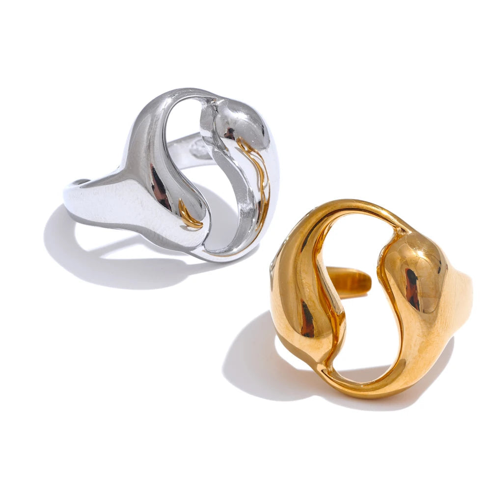 Yhpup-Água Gota Oco Aberto Anel Largo, aço inoxidável impermeável, 18K PVD Plated Textura, Charme Finger Jewelry Gift