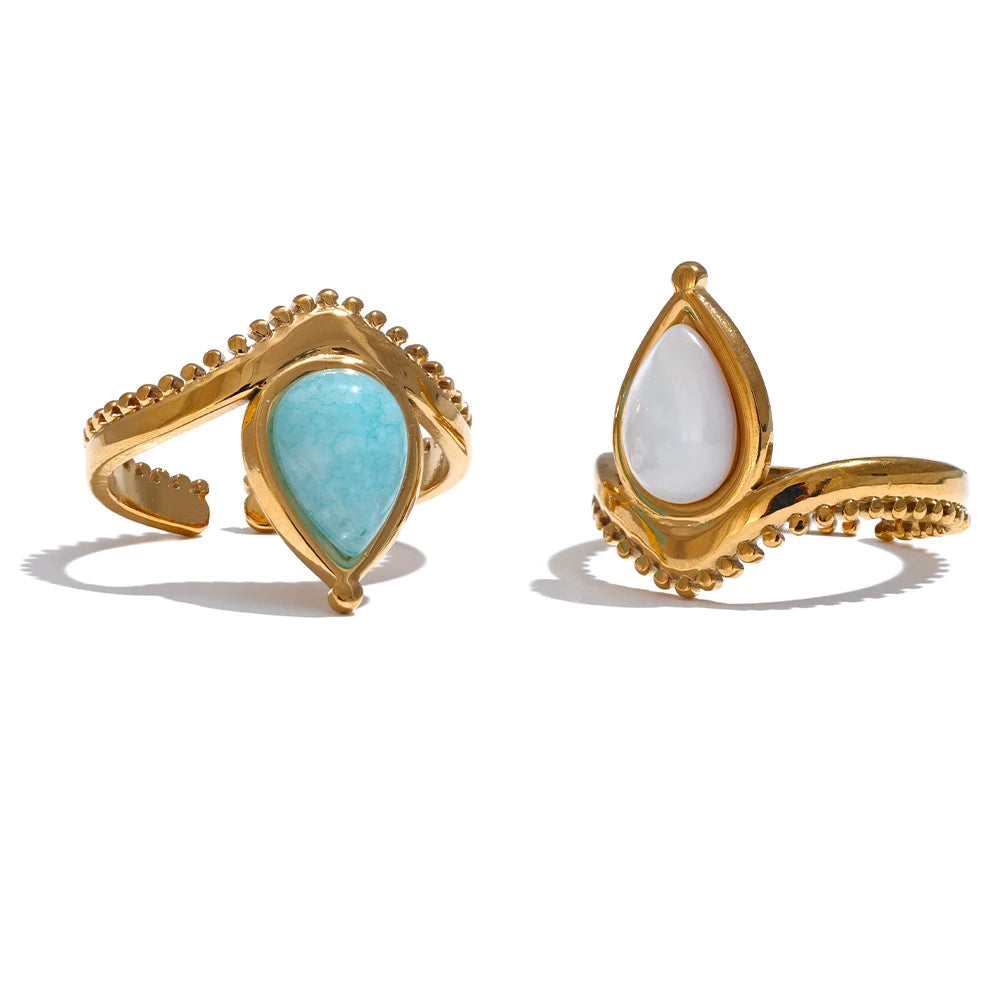 Yhpup-Pedra Natural Shell Anel Aberto Ajustável, Charme de Aço Inoxidável, Azul e Branco, Amazonite Jóias, Daily Fashion Gift, França, 2024