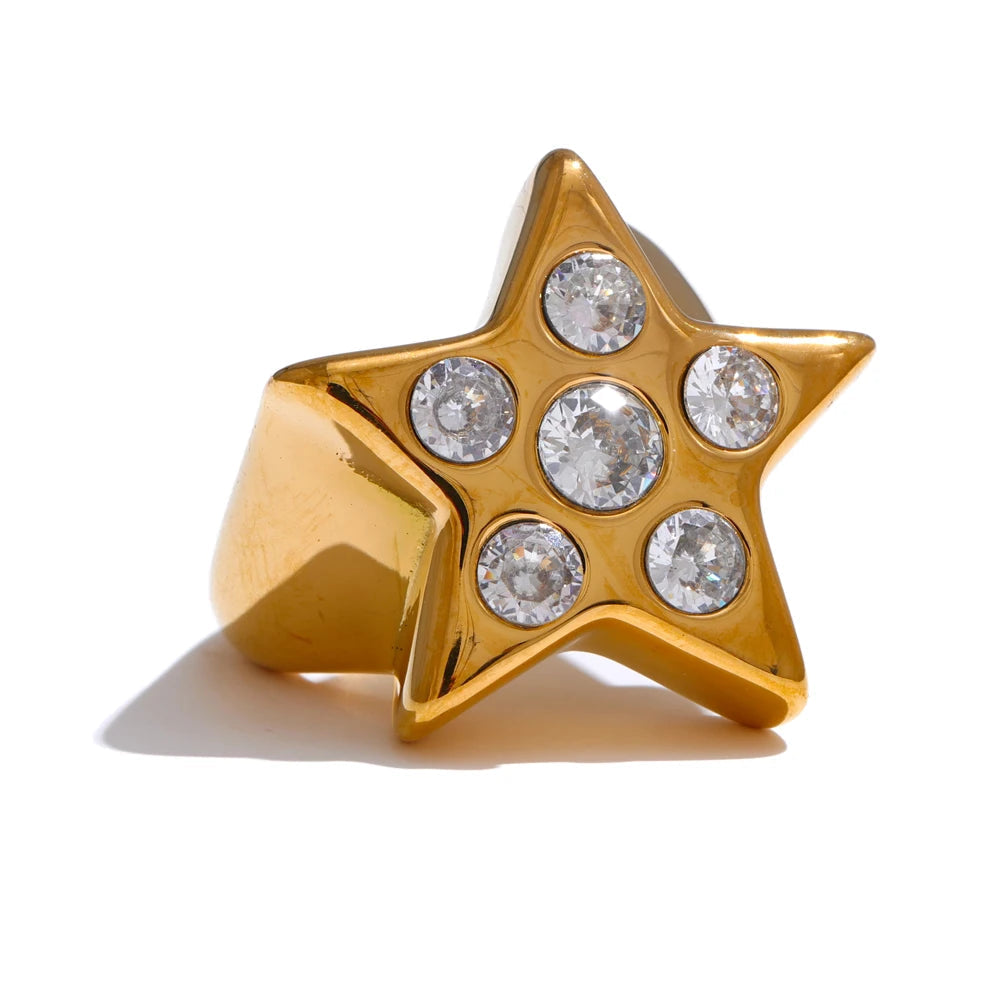 Yhpup Anel de zircônia cúbica de estrela de pentagrama de metal mais grosso 18K banhado a ouro joias de moda