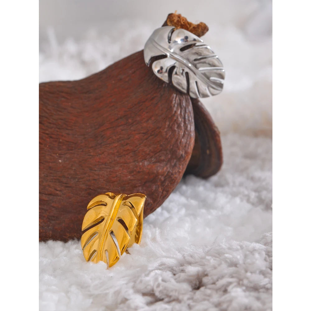 Yhpup-Aço Inoxidável Folhas de Metal Open Ring, Resistente à Água, À Prova de Ferrugem, Individualista, Design Elegante, Joalheria, Presente