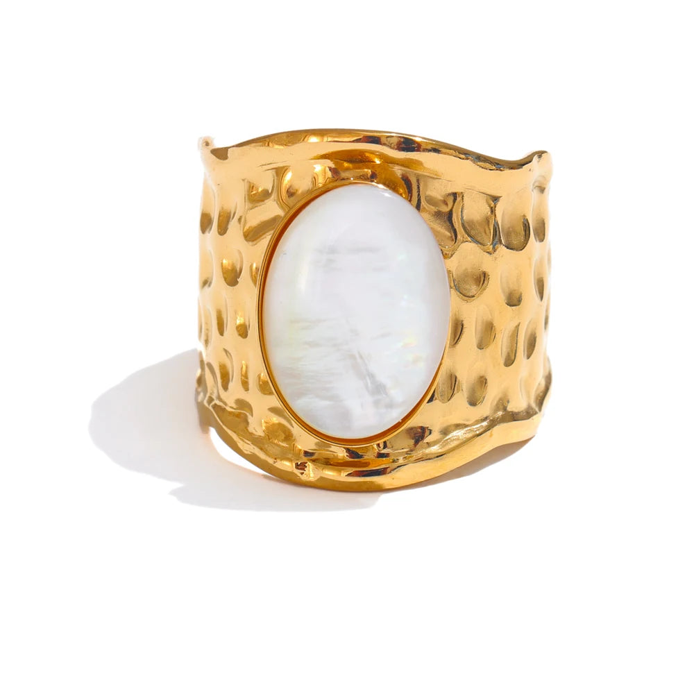 Yhpup-Shell Natural Geométrica Anel Aberto, 18K PVD Plated, Aço Inoxidável, Dedo Ajustável Acessórios de Jóias, Moda Popular