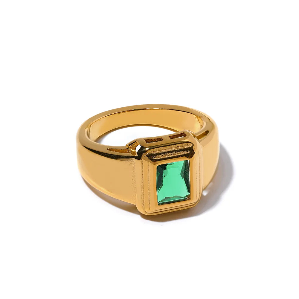 Yhpup branco verde zircônia cúbica quadrado de aço inoxidável à prova dwaterproof água anel charme textura elegante jóias de ouro