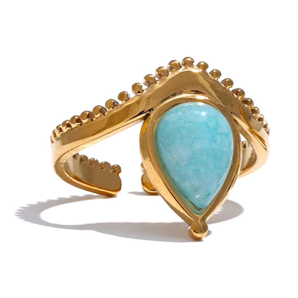 Yhpup-Pedra Natural Shell Anel Aberto Ajustável, Charme de Aço Inoxidável, Azul e Branco, Amazonite Jóias, Daily Fashion Gift, França, 2024