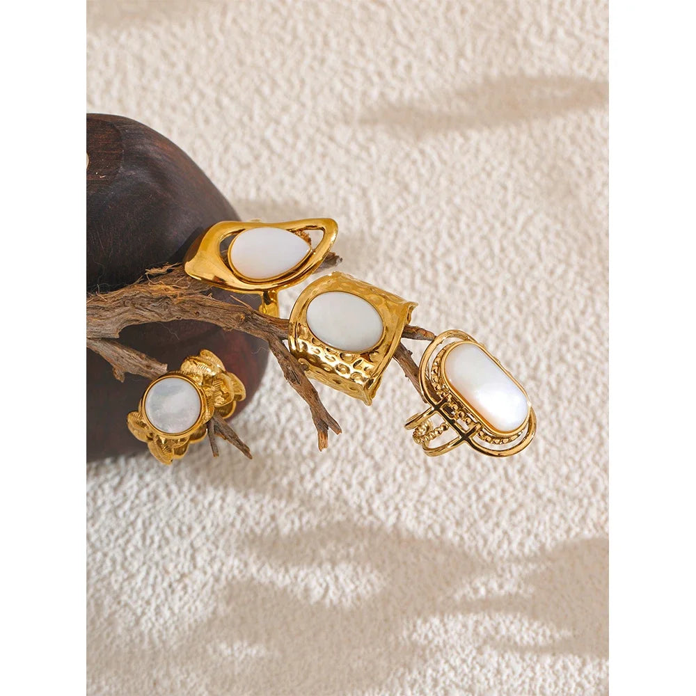 Yhpup-Shell Natural Geométrica Anel Aberto, 18K PVD Plated, Aço Inoxidável, Dedo Ajustável Acessórios de Jóias, Moda Popular