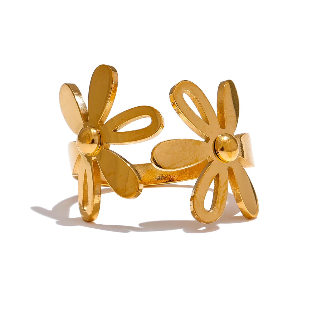 Yhpup-anel dourado aberto em aço inoxidável para mulheres, impermeável banhado a PVD 18k, joias elegantes, presente flor da planta, 2024