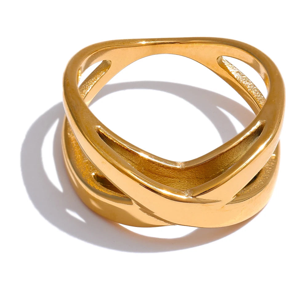 Anel Geométrico em Aço Inoxidável Yhpup, Banhado a Ouro 18K PVD, Minimalista Jóias Incomuns, Novo