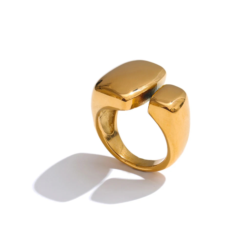 Yhpup-Anel Dourado Fundido Geométrico para Mulheres, Aço Inoxidável, Metal Liso, Textura Charme, Prova de Ferrugem, Jóias Declaração, Moda