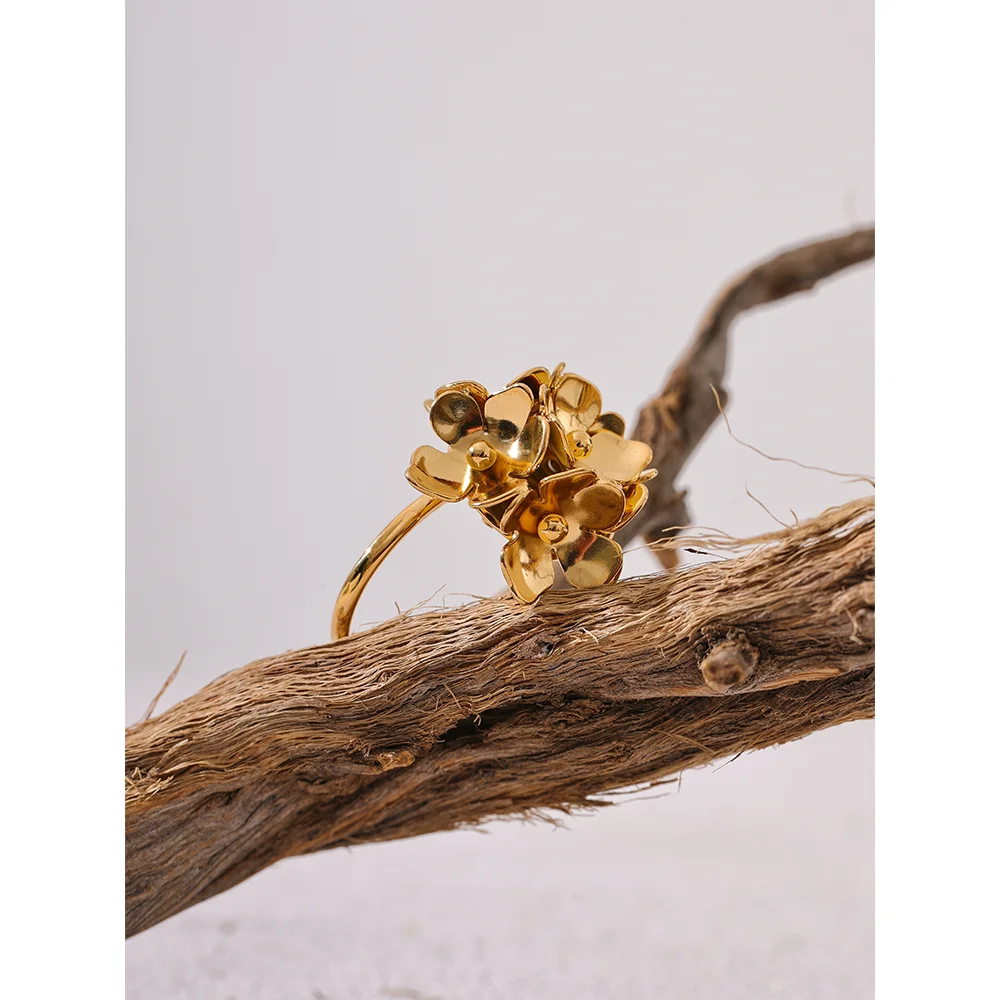 Anel feminino ajustável yhpup, flor estereoscópica de aço inoxidável, amuleto de metal, joia diária, moda chique, prova de ferrugem dourada