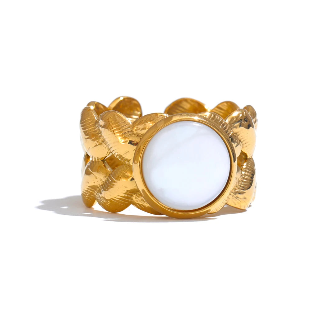 Yhpup-Shell Natural Geométrica Anel Aberto, 18K PVD Plated, Aço Inoxidável, Dedo Ajustável Acessórios de Jóias, Moda Popular