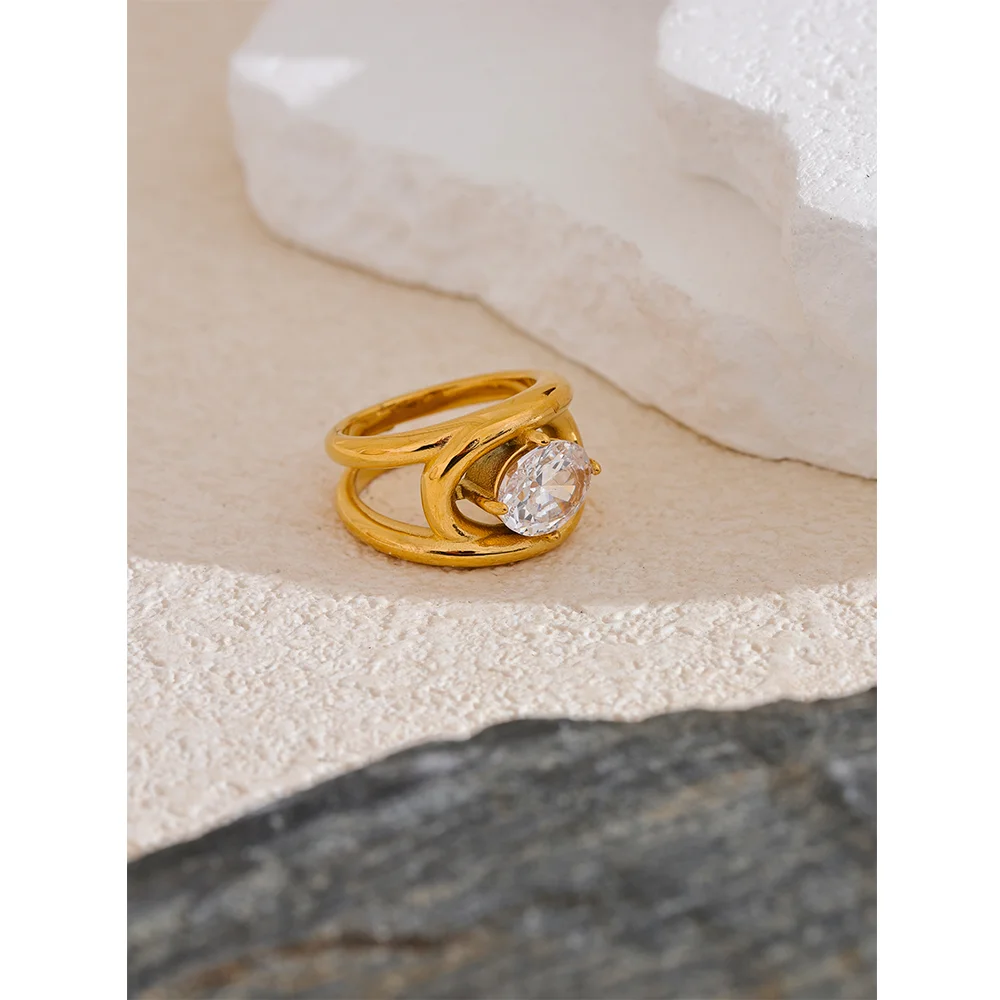 Yhpup brilhante aaa zircônia cúbica aço inoxidável cor de ouro pvd anel banhado temperamento moda feminina moda dedo jóias presente