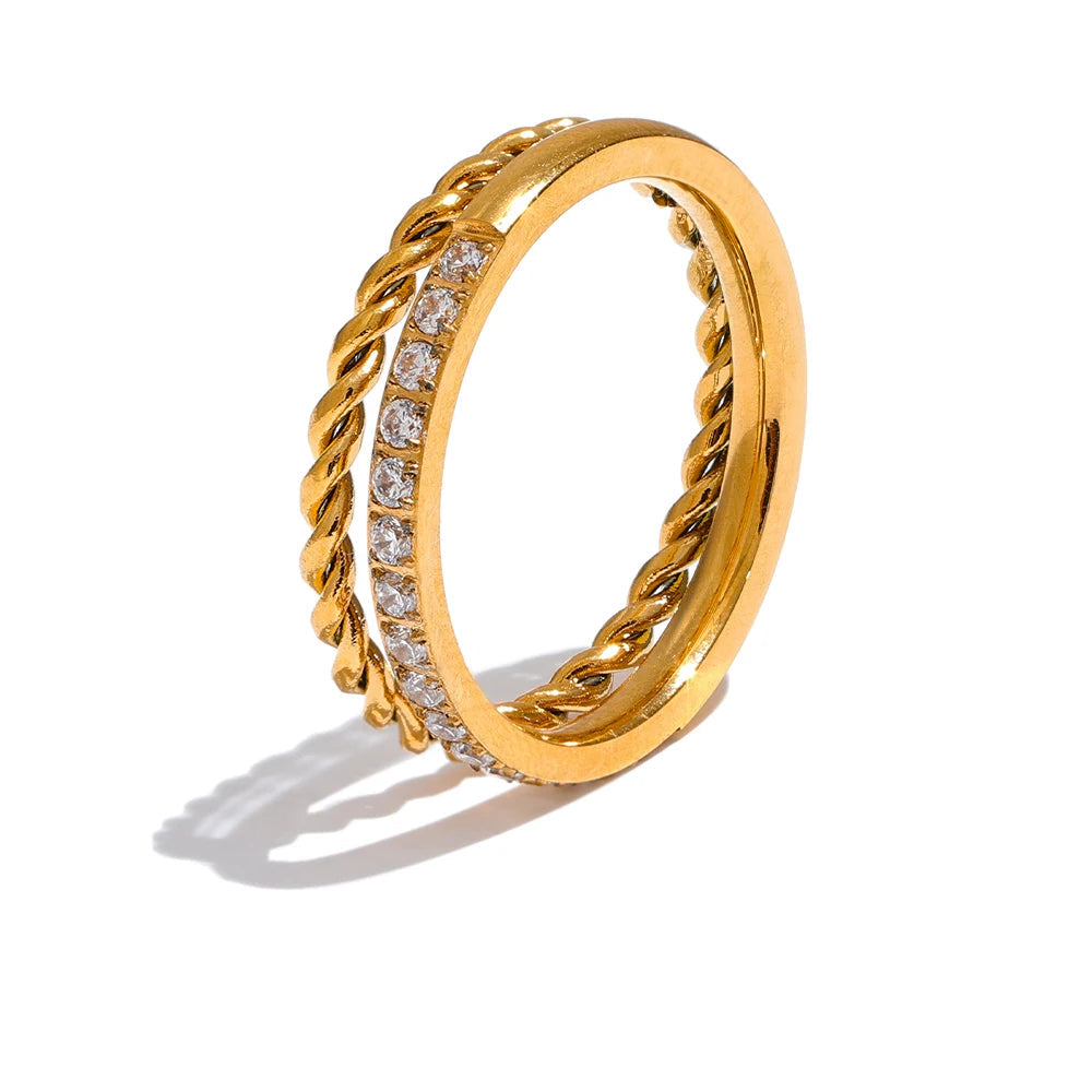 Yhpup-Anel de Zircônia Cúbica Delicada para Mulheres, Corrente Redonda Dupla, Anel Dourado, Impermeável, Jóias Baratas Diárias, Bijoux, 2024