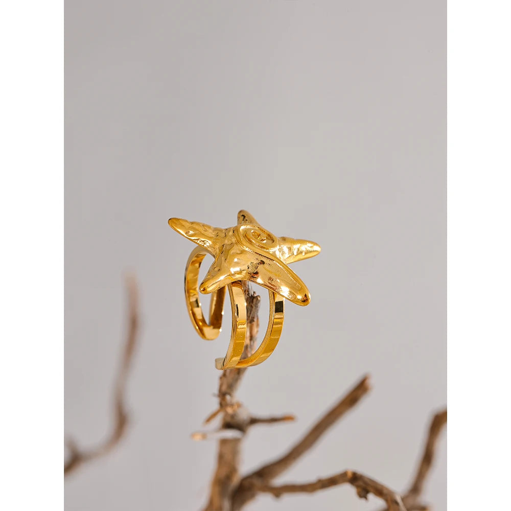 Yhpup-316L Aço inoxidável Starfish Open Ring, ajustável 18K Gold PVD Plated Metal, verão jóias personalizadas para férias