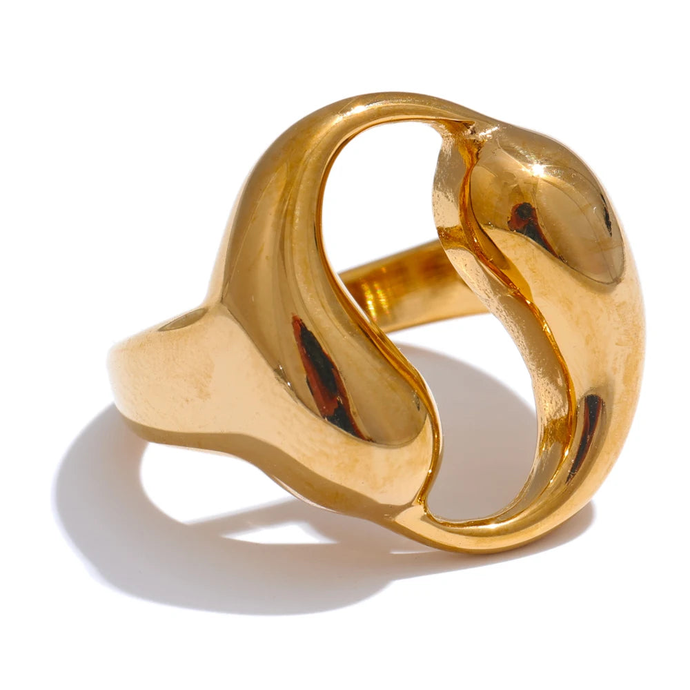Yhpup-Água Gota Oco Aberto Anel Largo, aço inoxidável impermeável, 18K PVD Plated Textura, Charme Finger Jewelry Gift