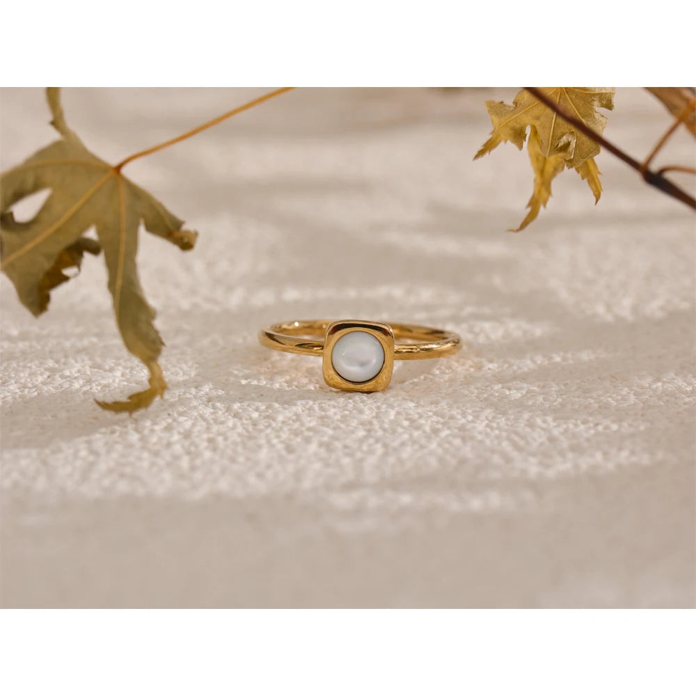 Yhpup-Shell Natural Quadrado Anel Fino, Aço Inoxidável 316L, Cor do Ouro Charme, Jóias Chic, 18K PVD banhado, à prova d'água
