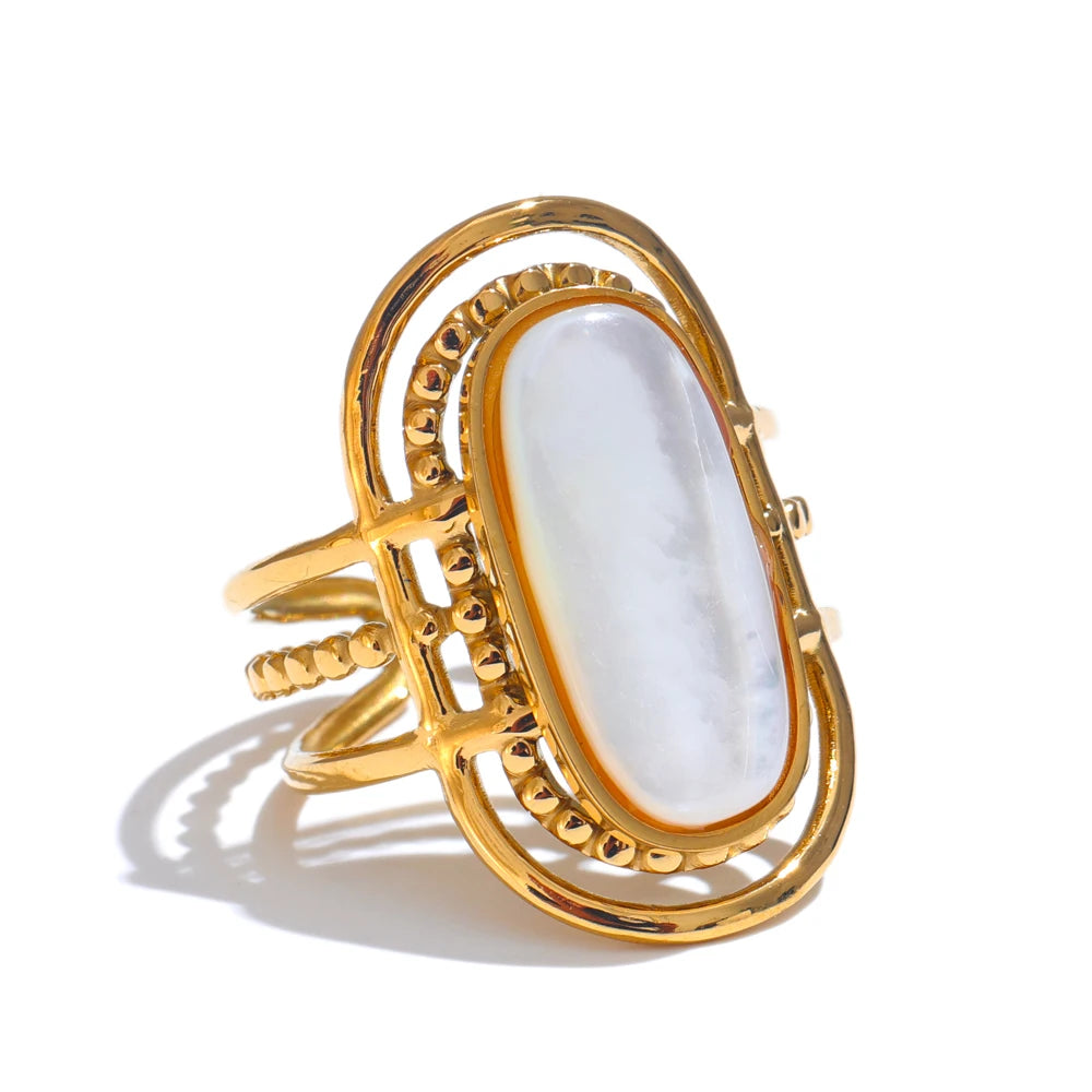 Yhpup-Shell Natural Geométrica Anel Aberto, 18K PVD Plated, Aço Inoxidável, Dedo Ajustável Acessórios de Jóias, Moda Popular