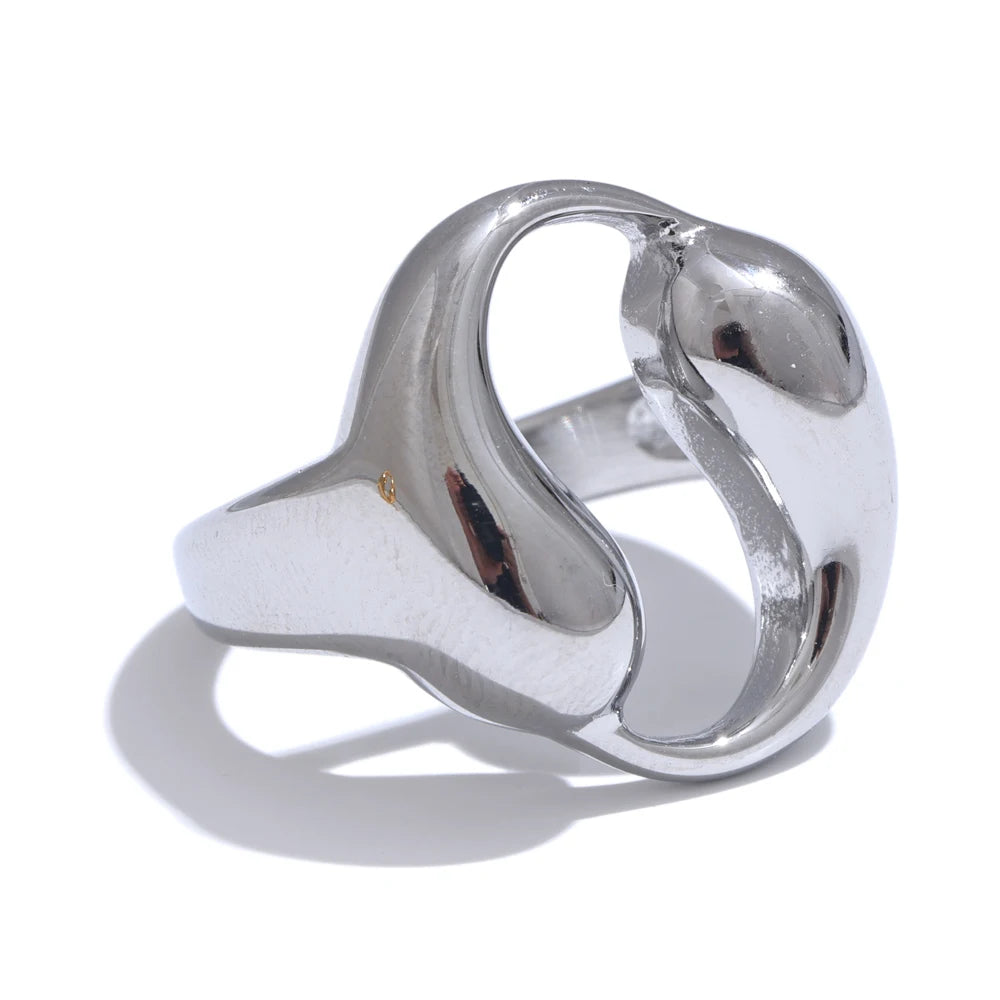 Yhpup-Água Gota Oco Aberto Anel Largo, aço inoxidável impermeável, 18K PVD Plated Textura, Charme Finger Jewelry Gift