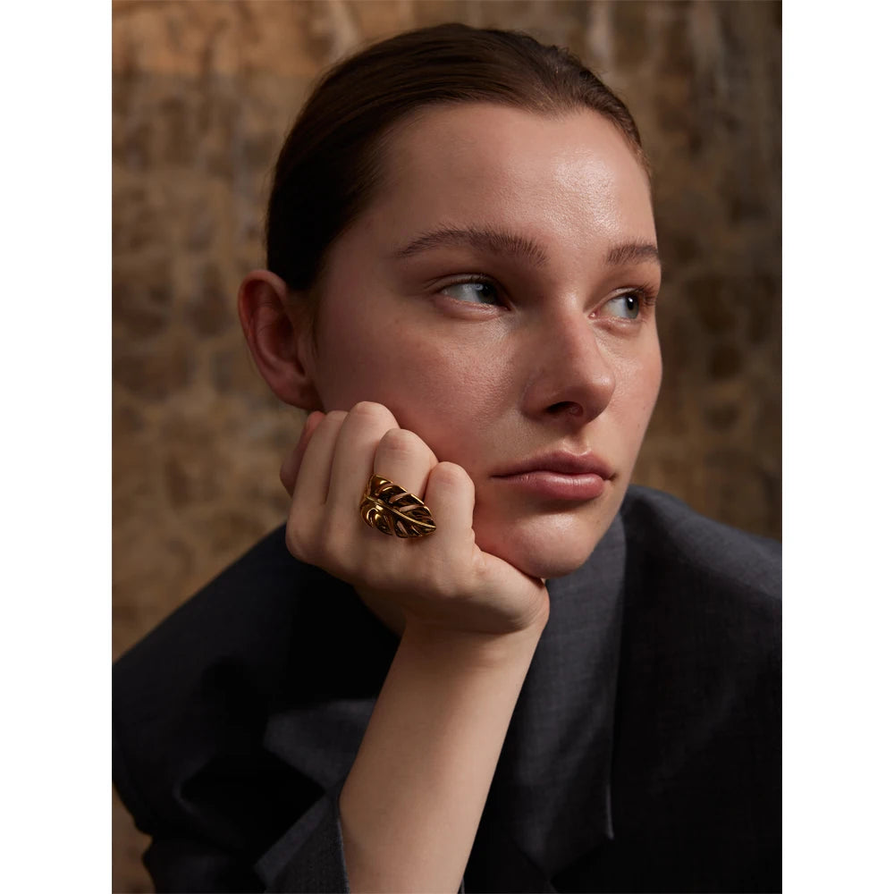 Yhpup-Aço Inoxidável Folhas de Metal Open Ring, Resistente à Água, À Prova de Ferrugem, Individualista, Design Elegante, Joalheria, Presente