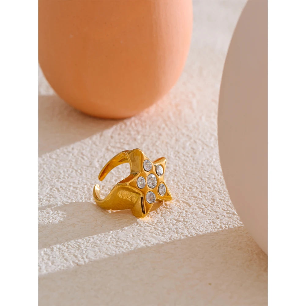 Yhpup Anel de zircônia cúbica de estrela de pentagrama de metal mais grosso 18K banhado a ouro joias de moda