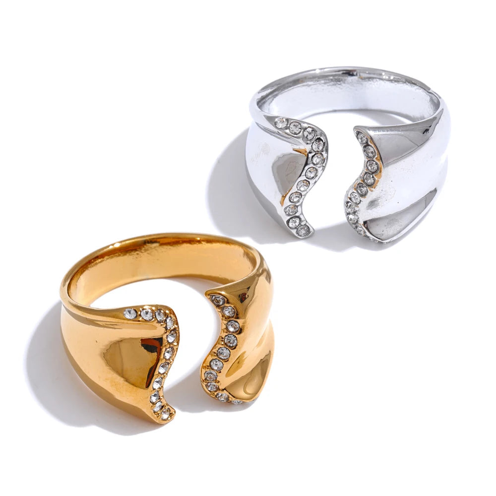 Yhpup-Zircônia Cúbica Incrustada Onda Geométrica Aberta Anel Ajustável, Banhado a Ouro 18K PVD, Moda em Aço Inoxidável, Chic Jewelry Gift