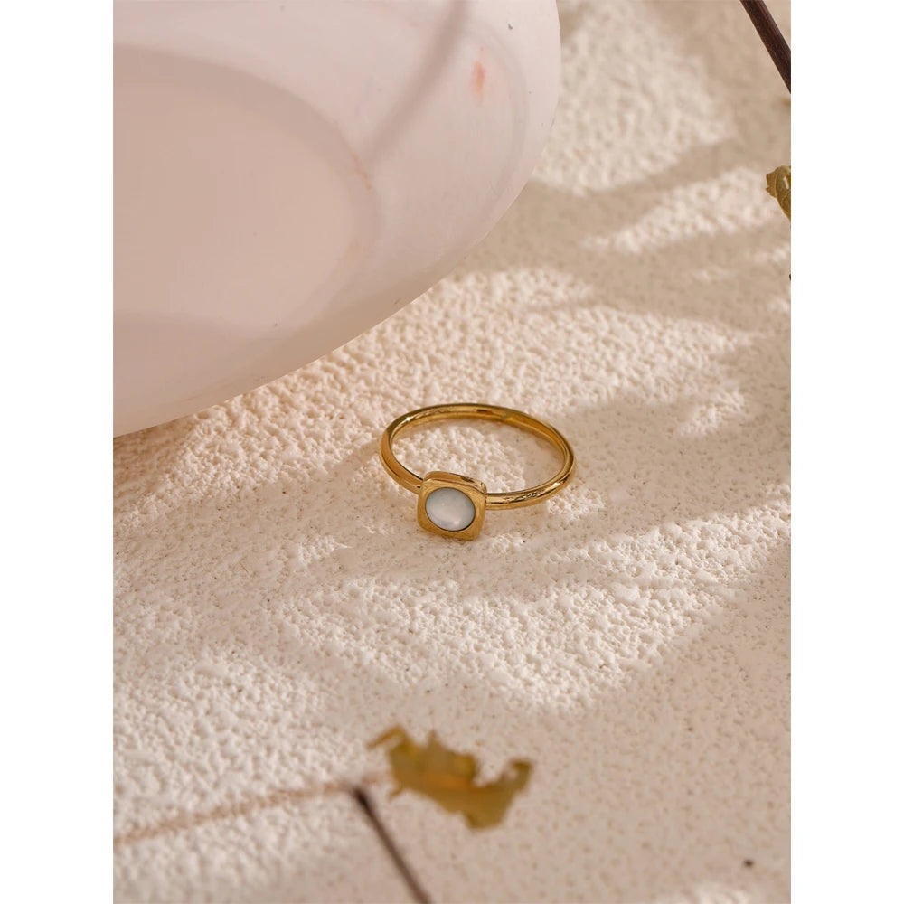 Yhpup-Shell Natural Quadrado Anel Fino, Aço Inoxidável 316L, Cor do Ouro Charme, Jóias Chic, 18K PVD banhado, à prova d'água