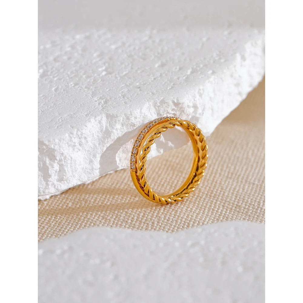Yhpup-Anel de Zircônia Cúbica Delicada para Mulheres, Corrente Redonda Dupla, Anel Dourado, Impermeável, Jóias Baratas Diárias, Bijoux, 2024