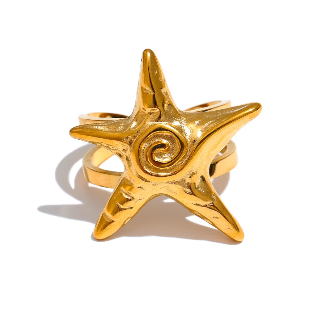 Yhpup-316L Aço inoxidável Starfish Open Ring, ajustável 18K Gold PVD Plated Metal, verão jóias personalizadas para férias