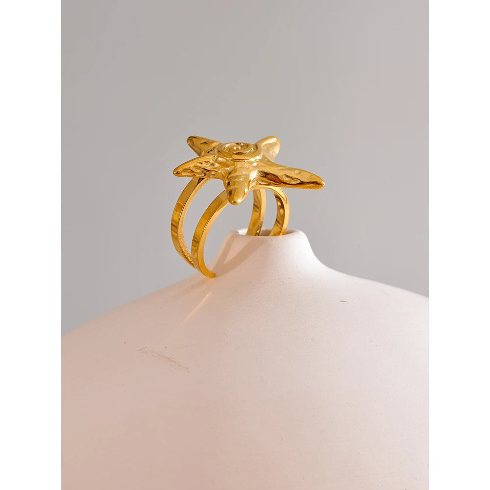 Yhpup-316L Aço inoxidável Starfish Open Ring, ajustável 18K Gold PVD Plated Metal, verão jóias personalizadas para férias