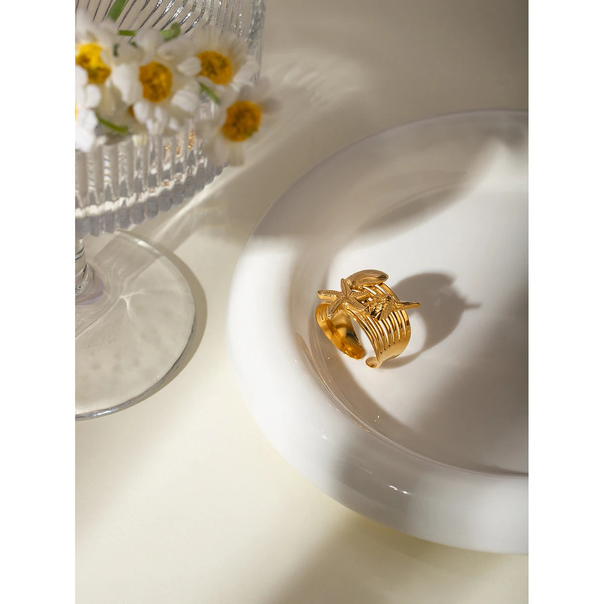 Anel aberto Starfish banhado a ouro 18k para mulheres, joia impermeável, aço inoxidável, elegante, único, simples, estrela do mar, concha