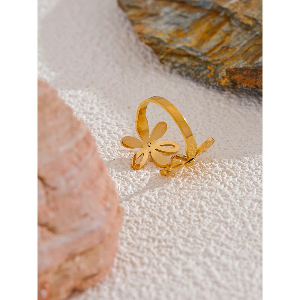 Yhpup-anel dourado aberto em aço inoxidável para mulheres, impermeável banhado a PVD 18k, joias elegantes, presente flor da planta, 2024