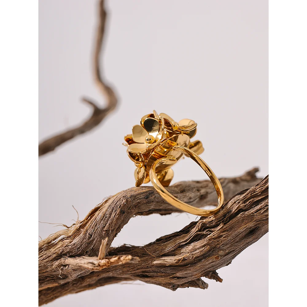 Anel feminino ajustável yhpup, flor estereoscópica de aço inoxidável, amuleto de metal, joia diária, moda chique, prova de ferrugem dourada