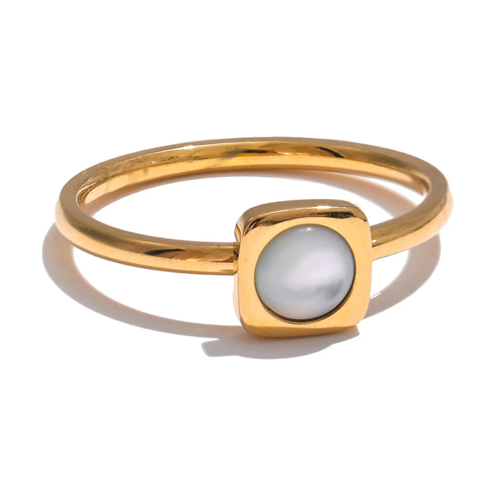 Yhpup-Shell Natural Quadrado Anel Fino, Aço Inoxidável 316L, Cor do Ouro Charme, Jóias Chic, 18K PVD banhado, à prova d'água