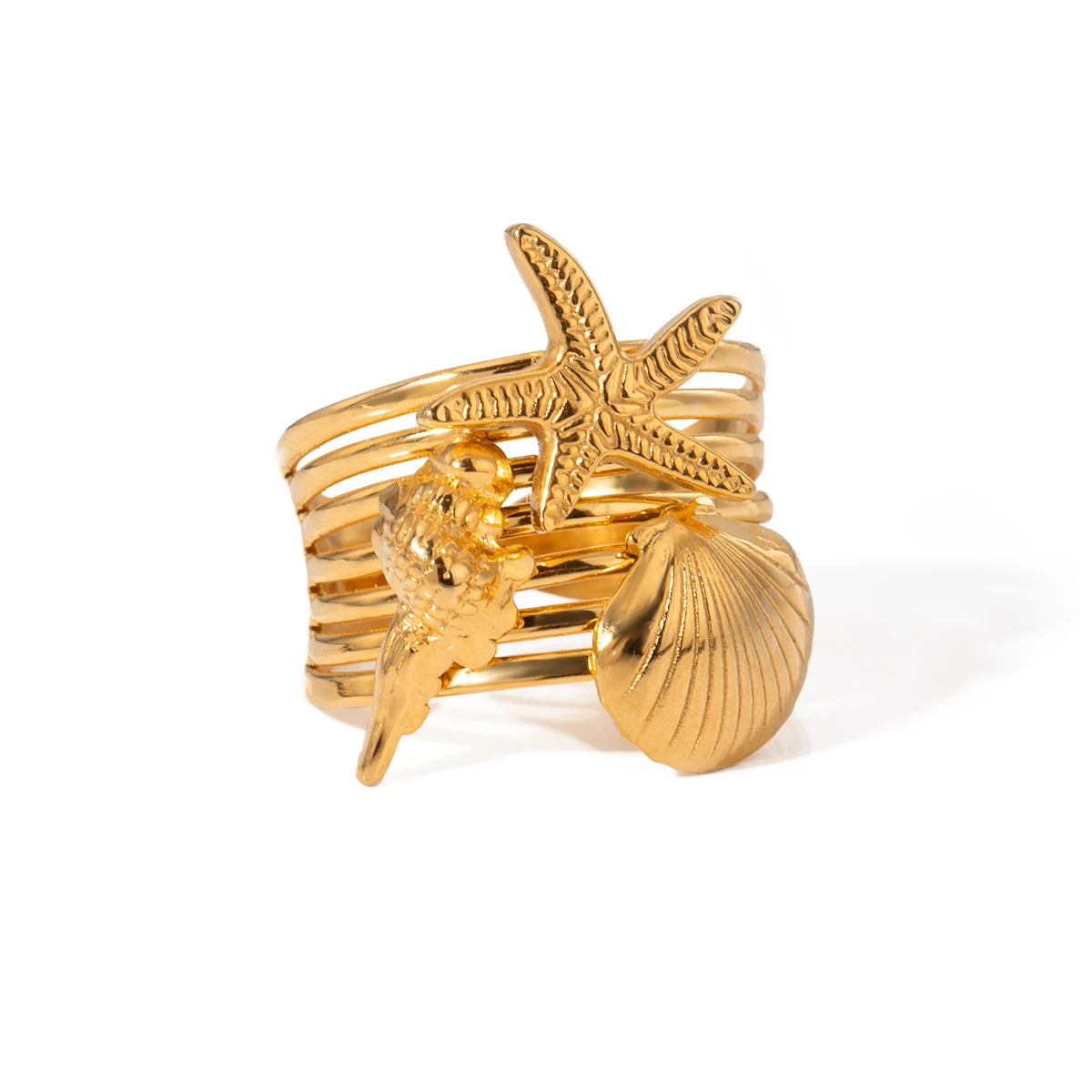 Anel aberto Starfish banhado a ouro 18k para mulheres, joia impermeável, aço inoxidável, elegante, único, simples, estrela do mar, concha