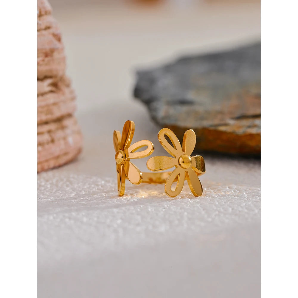 Yhpup-anel dourado aberto em aço inoxidável para mulheres, impermeável banhado a PVD 18k, joias elegantes, presente flor da planta, 2024