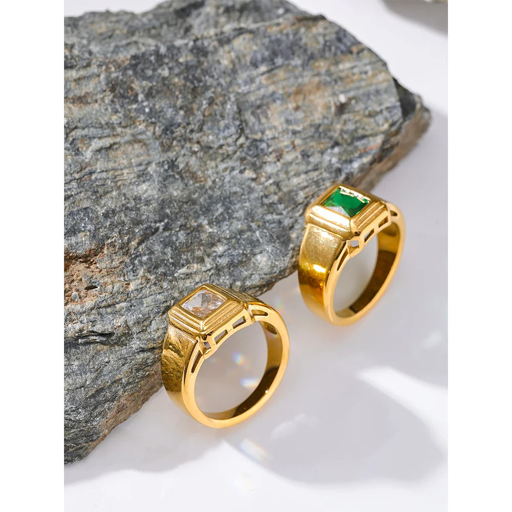 Yhpup branco verde zircônia cúbica quadrado de aço inoxidável à prova dwaterproof água anel charme textura elegante jóias de ouro
