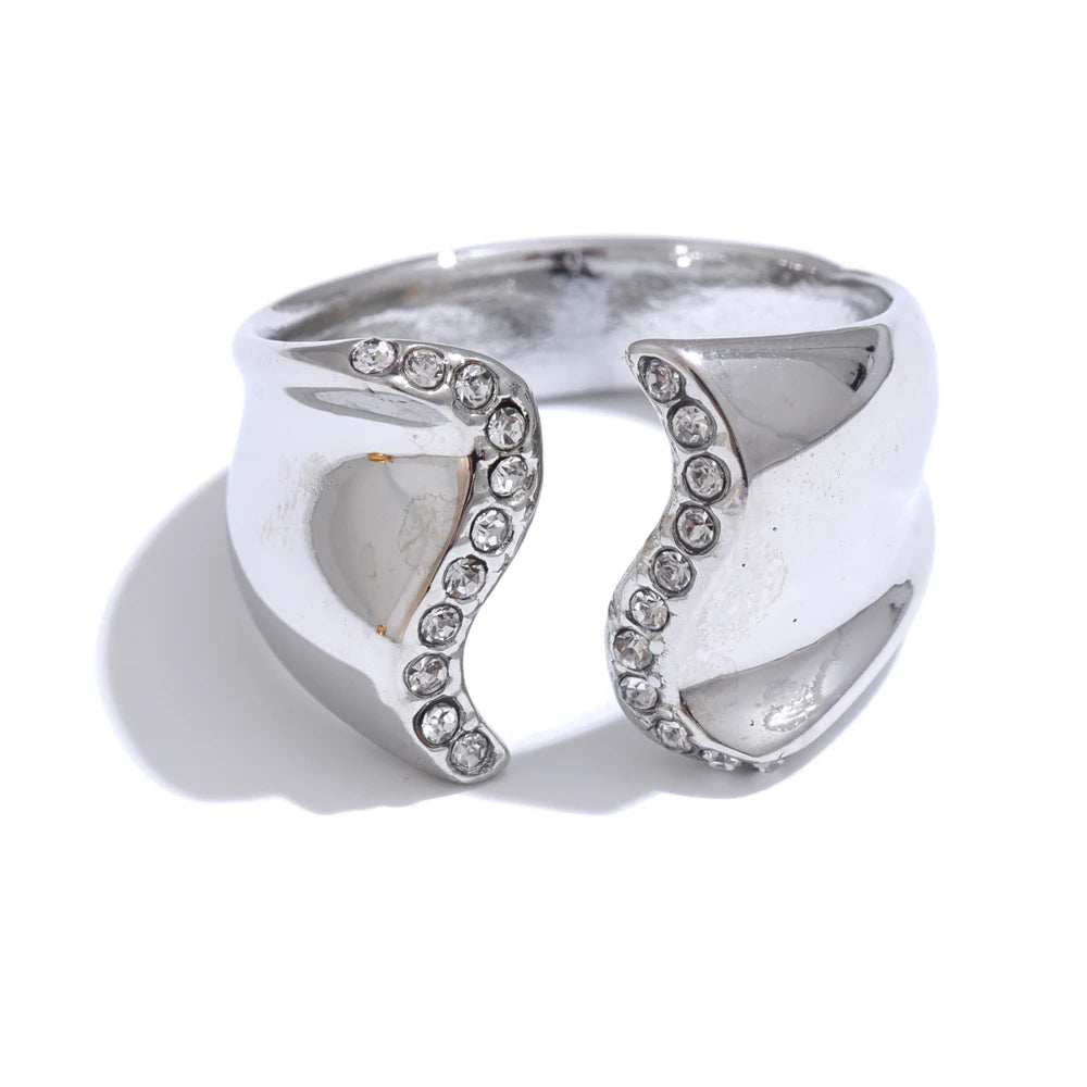 Yhpup-Zircônia Cúbica Incrustada Onda Geométrica Aberta Anel Ajustável, Banhado a Ouro 18K PVD, Moda em Aço Inoxidável, Chic Jewelry Gift