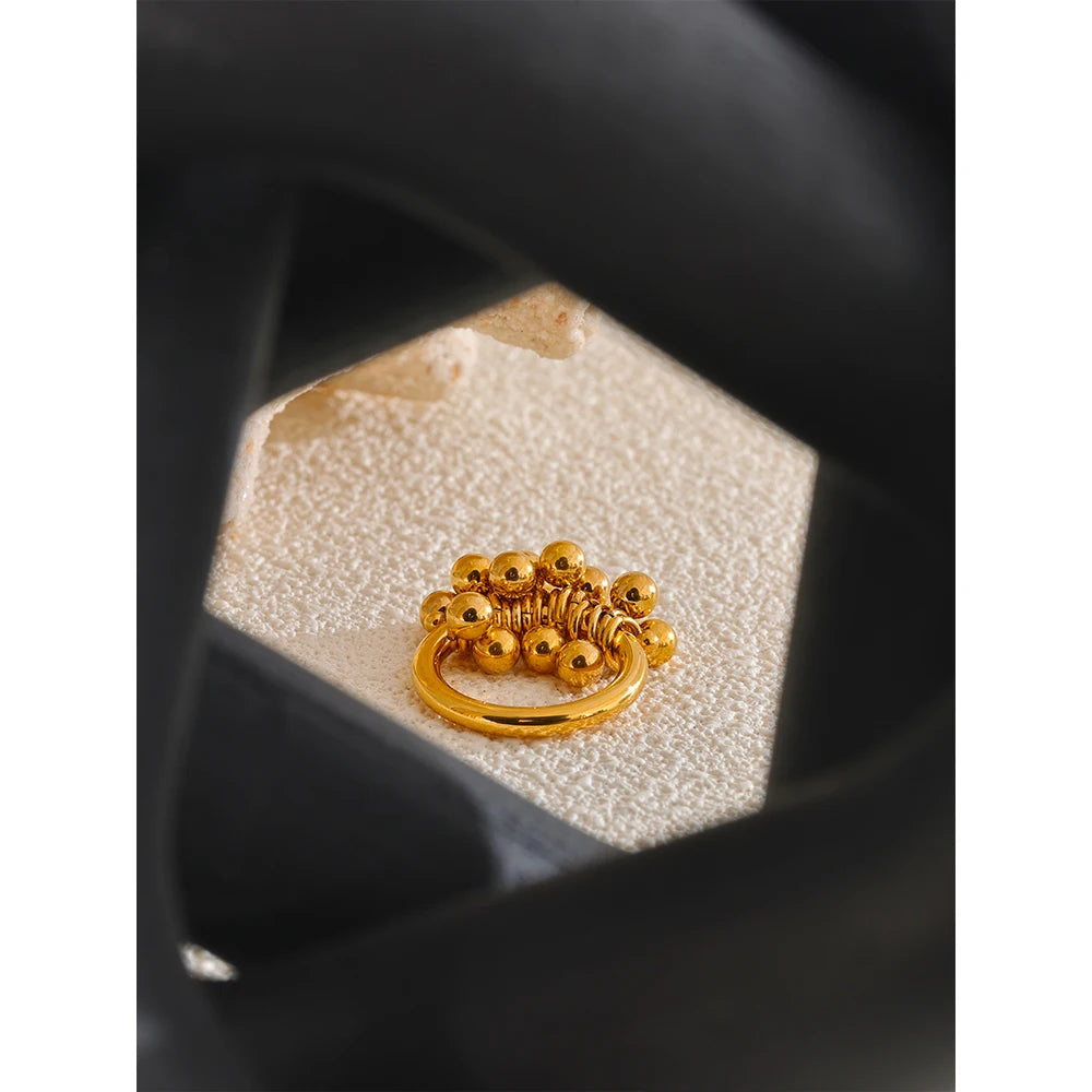 Yhpup-Aço Inoxidável Metal Em Camadas Rodada Beads Anel, 18K PVD Gold Plated Textura, Acessórios de Jóias Personalizados, Alta Qualidade