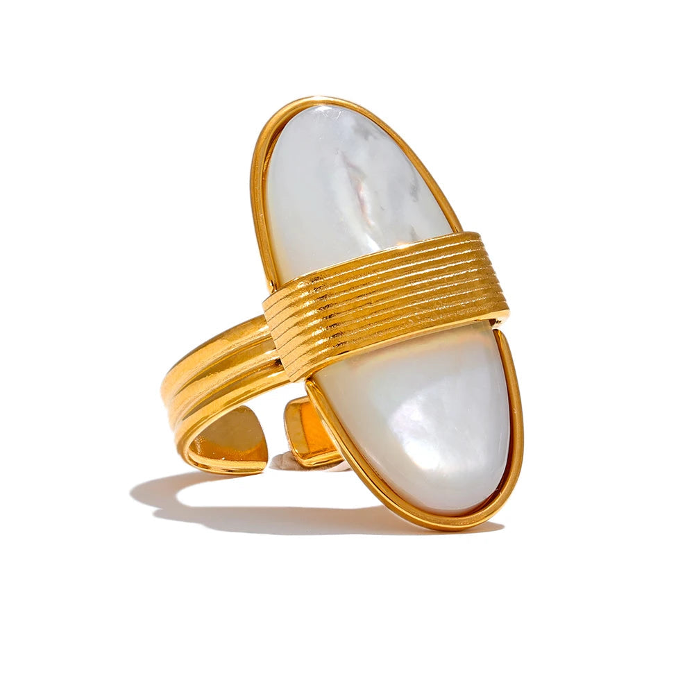 Yhpup-Anel Aberto de Aço Inoxidável Geométrico, Concha Natural, Cor Dourada, 18K PVD Banhado, Alta Qualidade, França Finger Jewelry, Luxo, 2024