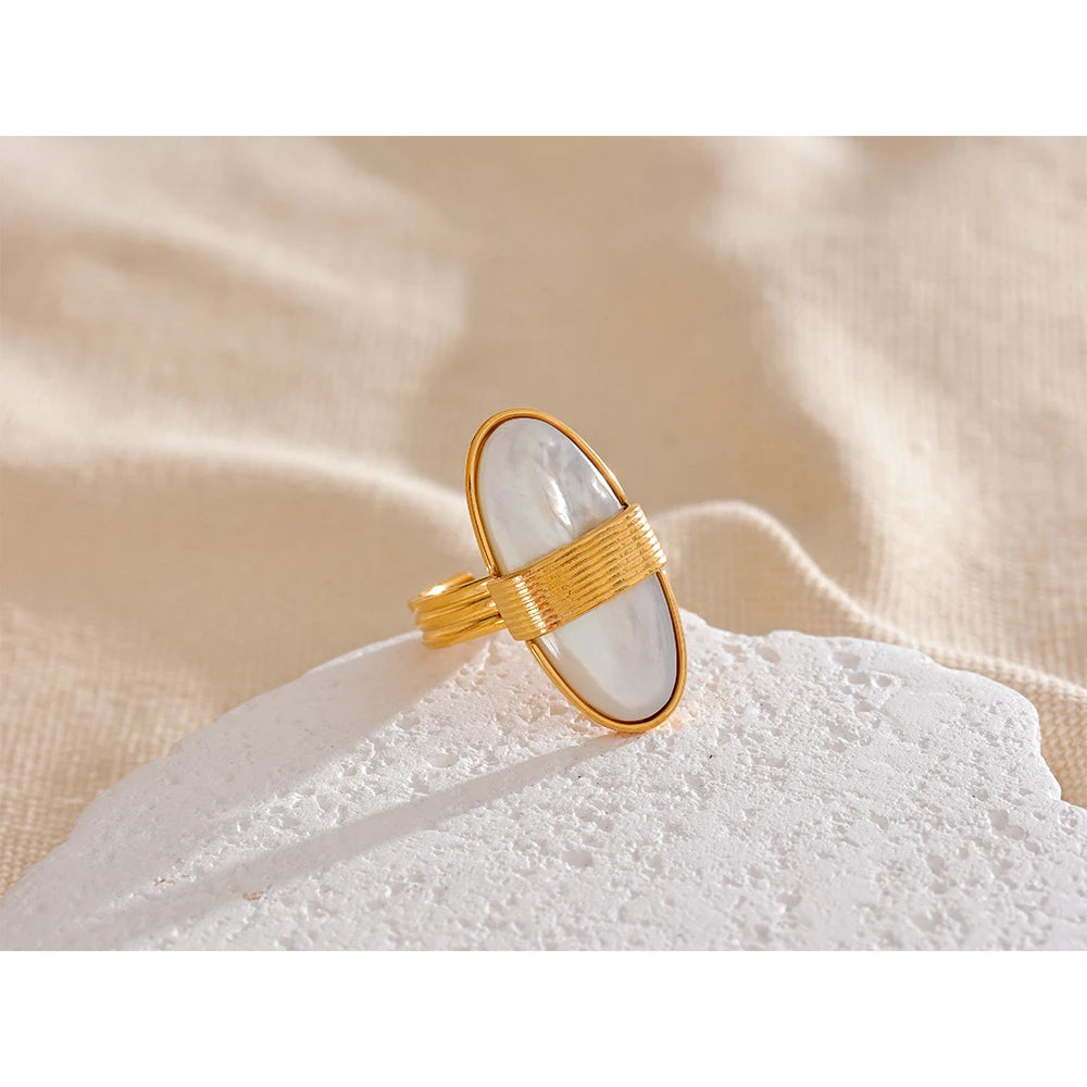 Yhpup-Anel Aberto de Aço Inoxidável Geométrico, Concha Natural, Cor Dourada, 18K PVD Banhado, Alta Qualidade, França Finger Jewelry, Luxo, 2024