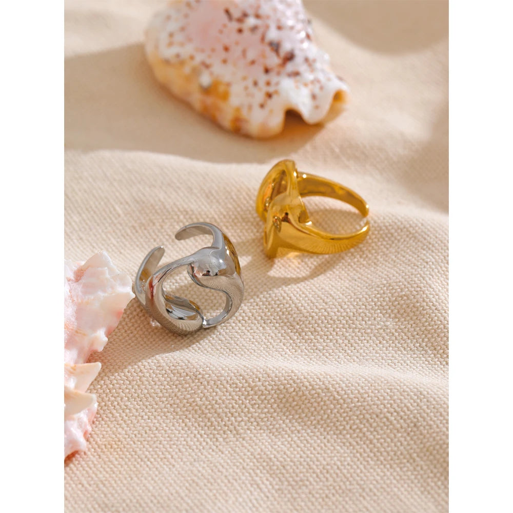 Yhpup-Água Gota Oco Aberto Anel Largo, aço inoxidável impermeável, 18K PVD Plated Textura, Charme Finger Jewelry Gift