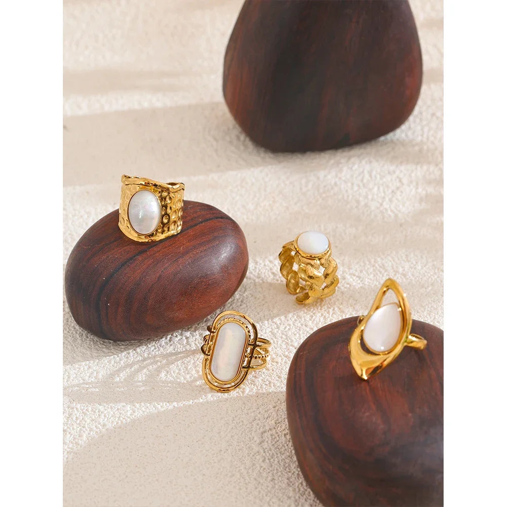 Yhpup-Shell Natural Geométrica Anel Aberto, 18K PVD Plated, Aço Inoxidável, Dedo Ajustável Acessórios de Jóias, Moda Popular
