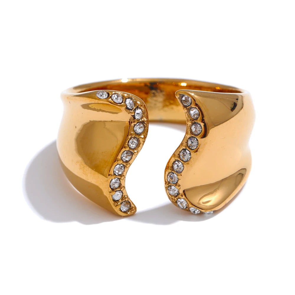 Yhpup-Zircônia Cúbica Incrustada Onda Geométrica Aberta Anel Ajustável, Banhado a Ouro 18K PVD, Moda em Aço Inoxidável, Chic Jewelry Gift