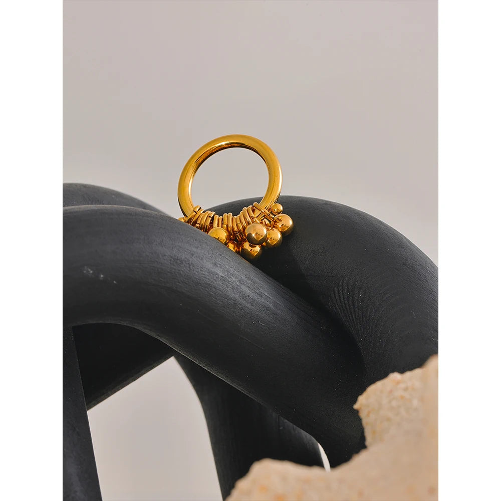 Yhpup-Aço Inoxidável Metal Em Camadas Rodada Beads Anel, 18K PVD Gold Plated Textura, Acessórios de Jóias Personalizados, Alta Qualidade