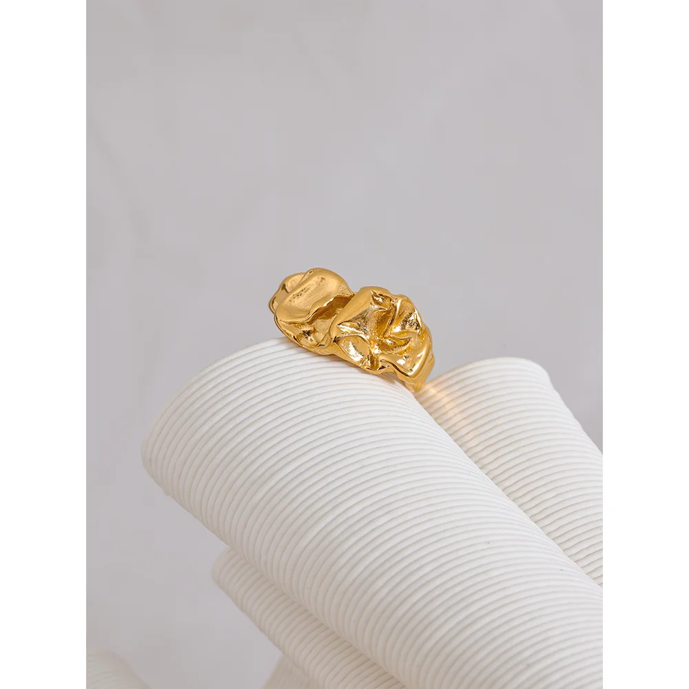 Yhpup-Anel de Metal Largo em Aço Inoxidável para Mulheres, Textura Criativa, Temperamento Impermeável Jóias, Cor Dourada, Acessórios, Novo
