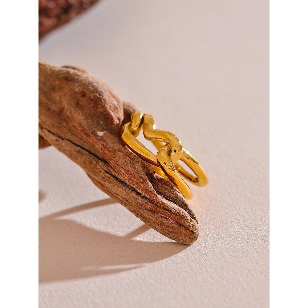 Yhpup-Handmade Geométrico Amor Anel Do Coração, Metal De Aço Inoxidável, 18K PVD Plated Textura, Charme Finger Jewelry, Camada Distintiva, Novo