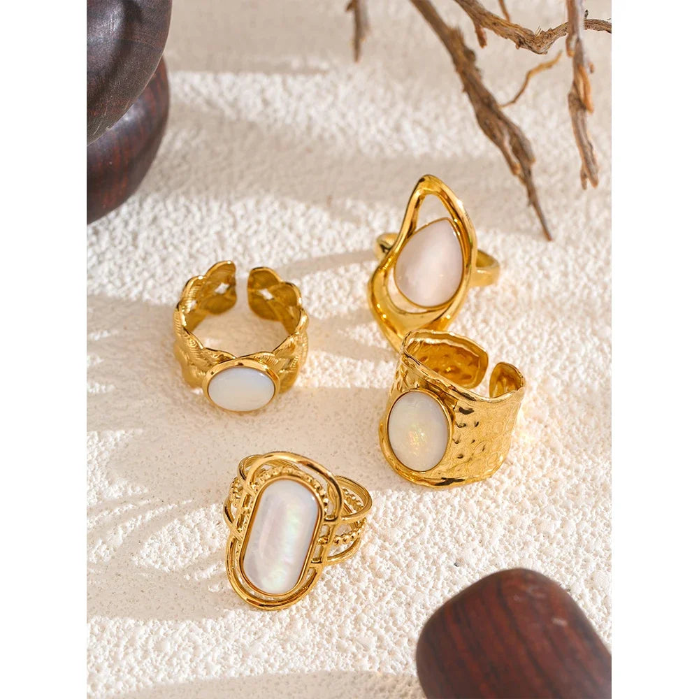 Yhpup-Shell Natural Geométrica Anel Aberto, 18K PVD Plated, Aço Inoxidável, Dedo Ajustável Acessórios de Jóias, Moda Popular